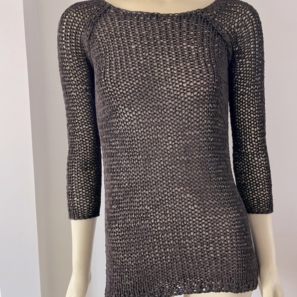 Theory Women’s Chocolate Brown Nimue Space Deep V Back Crochet Sweater XS